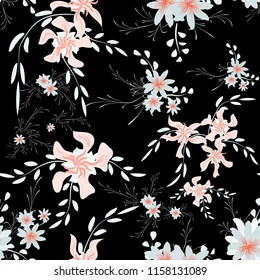 Little Floral Seamless Pattern with Cute Daisy Flowers and Pansies. Delicate Texture in Country Style for Curtains, Calico, Textile. Vector Spring Rapport.