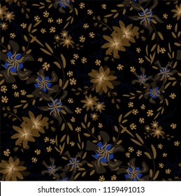 Little Floral Seamless Pattern with Cute Daisy Flowers and Pansies. Delicate Texture in Country Style for Linen, Calico, Chintz. Vector Spring Rapport.