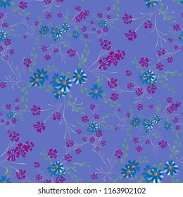 Little Floral Seamless Pattern with Cute Daisy Flowers and Pansies. Pretty Texture in Liberty Style for Linen, Textile, Chintz. Vector Spring Rapport.