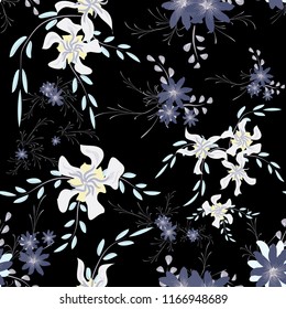 Little Floral Seamless Pattern with Cute Daisy Flowers and Pansies. Pretty Texture in Country Style for Fabric, Calico, Chintz. Vector Spring Rapport.