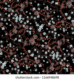 Little Floral Seamless Pattern with Cute Daisy Flowers and Pansies. Girlie Texture in Liberty Style for Curtains, Print, Textile. Vector Spring Rapport.