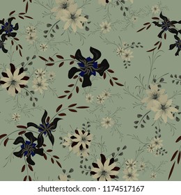 Little Floral Seamless Pattern with Cute Daisy Flowers and Pansies. Trendy Texture in Liberty Style for Cloth, Textile, Wallpaper. Vector Spring Rapport.