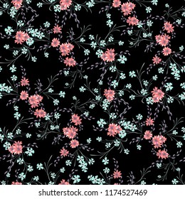 Little Floral Seamless Pattern with Cute Daisy Flowers and Pansies. Delicate Texture in Liberty Style for Linen, Textile, Chintz. Vector Spring Rapport.