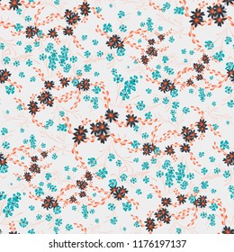 Little Floral Seamless Pattern with Cute Daisy Flowers and Pansies. Delicate Texture in Liberty Style for Linen, Textile, Chintz. Vector Spring Rapport.