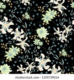 Little Floral Seamless Pattern with Cute Daisy Flowers and Pansies. Girlie Texture in Country Style for Curtains, Print, Textile. Vector Spring Rapport.