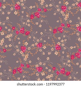Little Floral Seamless Pattern with Cute Daisy Flowers and Pansies. Trendy Texture in Rustic Style for Linen, Textile, Chintz. Vector Spring Rapport.