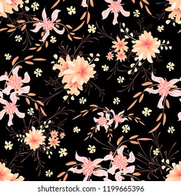 Little Floral Seamless Pattern with Cute Daisy Flowers and Pansies. Feminine Texture in Country Style for Linen, Textile, Wallpaper. Vector Spring Rapport.