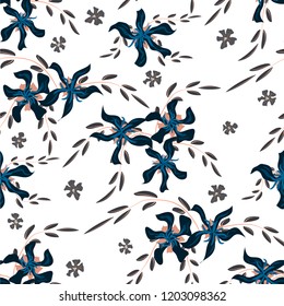Little Floral Seamless Pattern with Cute Daisy Flowers and Pansies. Trendy Texture in Country Style for Curtains, Print, Textile. Vector Spring Rapport.