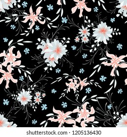 Little Floral Seamless Pattern with Cute Daisy Flowers and Pansies. Girlie Texture in Country Style for Fabric, Calico, Paper. Vector Spring Rapport.