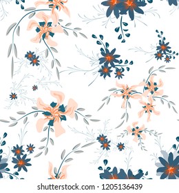 Little Floral Seamless Pattern with Cute Daisy Flowers and Pansies. Pretty Texture in Liberty Style for Curtains, Calico, Paper. Vector Spring Rapport.