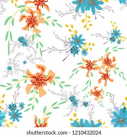 Little Floral Seamless Pattern with Cute Daisy Flowers and Pansies. Pretty Texture in Country Style for Fabric, Print, Textile. Vector Spring Rapport.