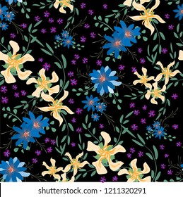 Little Floral Seamless Pattern with Cute Daisy Flowers and Pansies. Delicate Texture in Liberty Style for Linen, Textile, Wallpaper. Vector Spring Rapport.