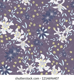 Little Floral Seamless Pattern with Cute Daisy Flowers and Pansies. Girlie Texture in Country Style for Linen, Calico, Chintz. Vector Spring Rapport.