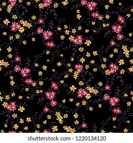 Little Floral Seamless Pattern with Cute Daisy Flowers and Pansies. Girlie Texture in Country Style for Curtains, Print, Textile. Vector Spring Rapport.