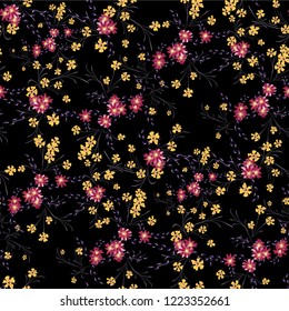Little Floral Seamless Pattern with Cute Daisy Flowers and Pansies. Feminine Texture in Liberty Style for Linen, Textile, Wallpaper. Vector Spring Rapport.