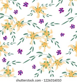 Little Floral Seamless Pattern with Cute Daisy Flowers and Pansies. Trendy Texture in Country Style for Curtains, Calico, Textile. Vector Spring Rapport.