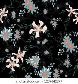 Little Floral Seamless Pattern with Cute Daisy Flowers and Pansies. Trendy Texture in Rustic Style for Curtains, Print, Textile. Vector Spring Rapport.
