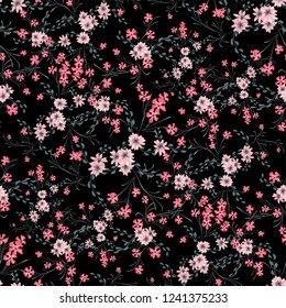 Little Floral Seamless Pattern with Cute Daisy Flowers and Pansies. Girlie Texture in Rustic Style for Fabric, Calico, Chintz. Vector Spring Rapport.