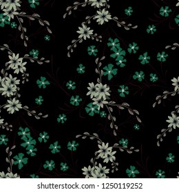 Little Floral Seamless Pattern with Cute Daisy Flowers and Pansies. Feminine Texture in Liberty Style for Linen, Textile, Chintz. Vector Spring Rapport.