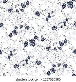 Little Floral Seamless Pattern with Cute Daisy Flowers and Pansies. Girlie Texture in Rustic Style for Curtains, Calico, Paper. Vector Spring Rapport.