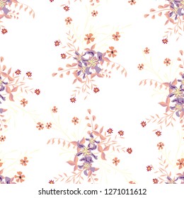 Little Floral Seamless Pattern with Cute Wildflowers. Girlie Natural Background in Liberty Style with Small Blossoms of Daisy Flowers. Vector Ditsy Pattern for Wallpaper, Linen. Floral Texture