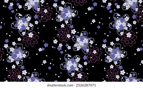 Little Floral Seamless Pattern with Cute Daisy Flowers on black background. 