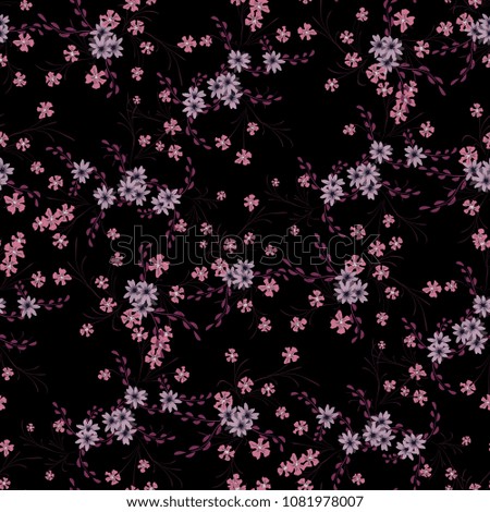 Little Floral Seamless Pattern with Cute Daisy Flowers and Pansies. Pretty Texture in Country Style for Fabric, Calico, Chintz. Vector Spring Rapport.