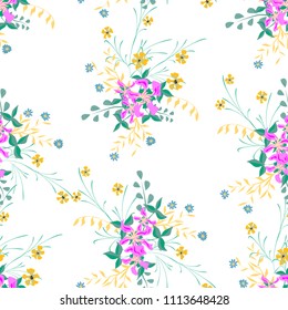Little Floral Seamless Pattern with Gentle Wildflowers. Girlie Natural Background in Liberty Style with Small Blossoms of Daisy Flowers. Vector Ditsy Pattern for Paper, Linen, Chintz. Floral Texture