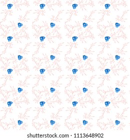 Little Floral Seamless Pattern with Gentle Daisy Flowers. Feminine Rapport for Linen, Fabric, Wallpaper in Trendy Country Style. Colorful Seamless Pattern with Tiny Flowers. Vector Background.