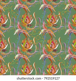Little flowers and funny bugs on a green, orange and neutral colors, vector texture, illustration.