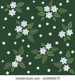 little flowers and messy leaves on blooming meadow floral seamless pattern on dark green background