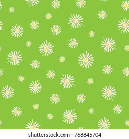 Little flowers on green background. Summer or spring seamless pattern. Field of white daisy flowers with yellow pollen in garden.