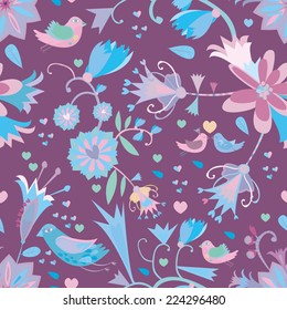 Little flowers seamless pattern with birds.