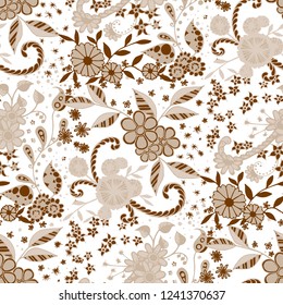 Little Flowers. Seamless Pattern in Country Style. Autumn Floral Texture with Hand Drawn Doodle Blossoms, Leaves and Buds. Small Natural Rapport for Fabric, Cloth, Paper. Vector Zentangle.