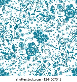 Little Flowers. Seamless Pattern in Country Style. Spring Floral Texture with Hand Drawn Doodle Blossoms, Leaves and Buds. Small Natural Rapport for Chintz, Linen, Textile. Vector Zentangle.
