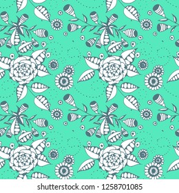 Little Flowers. Seamless Pattern in Country Style. Autumn Floral Texture with Hand Drawn Doodle Blossoms, Leaves and Buds. Small Natural Rapport for Dress, Print, Cotton. Vector.
