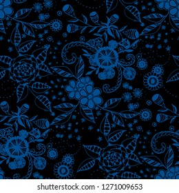 Little Flowers. Seamless Pattern in Country Style. Autumn Floral Texture with Hand Drawn Doodle Blossoms, Leaves and Buds. Small Natural Rapport for Fabric, Cloth, Paper. Vector.