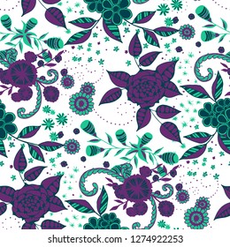 Little Flowers. Seamless Pattern in Country Style. Autumn Floral Texture with Hand Drawn Doodle Blossoms, Leaves and Buds. Small Natural Rapport for Chintz, Linen, Calico. Vector.