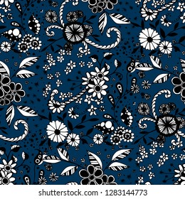 Little Flowers. Seamless Pattern in Country Style. Summer Floral Texture with Hand Drawn Doodle Blossoms, Leaves and Buds. Small Natural Rapport for Fabric, Cloth, Paper. Vector Zentangle.