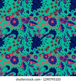 Little Flowers. Seamless Pattern in Country Style. Autumn Floral Texture with Hand Drawn Doodle Blossoms, Leaves and Buds. Small Natural Rapport for Chintz, Linen, Calico. Vector Zentangle.