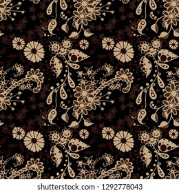 Little Flowers. Seamless Pattern in Country Style. Autumn Floral Texture with Hand Drawn Doodle Blossoms, Leaves and Buds. Small Natural Rapport for Chintz, Cotton, Calico. Vector Zentangle.