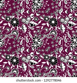 Little Flowers. Seamless Pattern in Country Style. Spring Floral Texture with Hand Drawn Doodle Blossoms, Leaves and Buds. Small Natural Rapport for Chintz, Linen, Calico. Vector Zentangle.