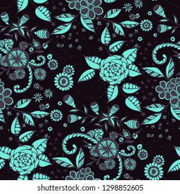 Little Flowers. Seamless Pattern in Country Style. Spring Floral Texture with Hand Drawn Doodle Blossoms, Leaves and Buds. Small Natural Rapport for Dress, Print, Paper. Vector.