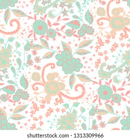Little Flowers. Seamless Pattern in Country Style. Autumn Floral Texture with Hand Drawn Doodle Blossoms, Leaves and Buds. Small Natural Rapport for Chintz, Cotton, Calico. Vector Zentangle.