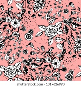 Little Flowers. Seamless Pattern in Country Style. Summer Floral Texture with Hand Drawn Doodle Blossoms, Leaves and Buds. Small Natural Rapport for Fabric, Cloth, Textile. Vector.