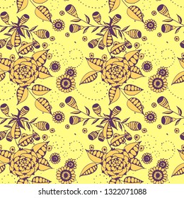 Little Flowers. Seamless Pattern in Country Style. Summer Floral Texture with Hand Drawn Doodle Blossoms, Leaves and Buds. Small Natural Rapport for Chintz, Linen, Calico. Vector.