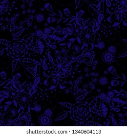 Little Flowers. Seamless Pattern in Country Style. Autumn Floral Texture with Hand Drawn Doodle Blossoms, Leaves and Buds. Small Natural Rapport for Dress, Print, Cotton. Vector.