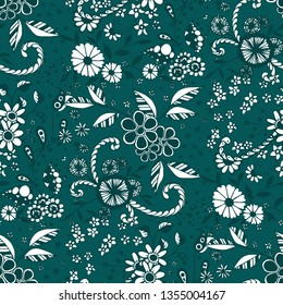 Little Flowers. Seamless Pattern in Country Style. Spring Floral Texture with Hand Drawn Doodle Blossoms, Leaves and Buds. Small Natural Rapport for Dress, Print, Paper. Vector Zentangle.