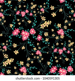 Little Flowers. Seamless Pattern with Cute Daisy Flowers and Pansies. Delicate Texture in Country Style for Fabric, Calico, Paper. Vector Spring Rapport.
