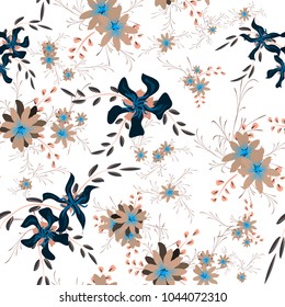 Little Flowers. Seamless Pattern with Cute Daisy Flowers and Pansies. Delicate Texture in Liberty Style for Curtains, Calico, Textile. Vector Spring Rapport.